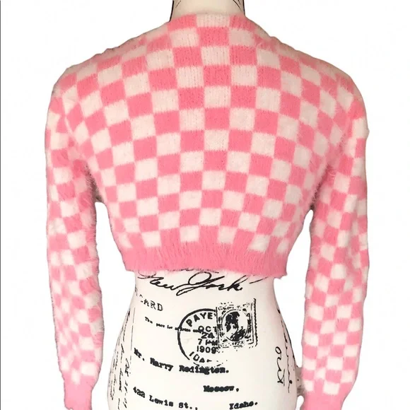 Plaid sweater pink white womens cardigan long heart buttons - Picture 12 of 12